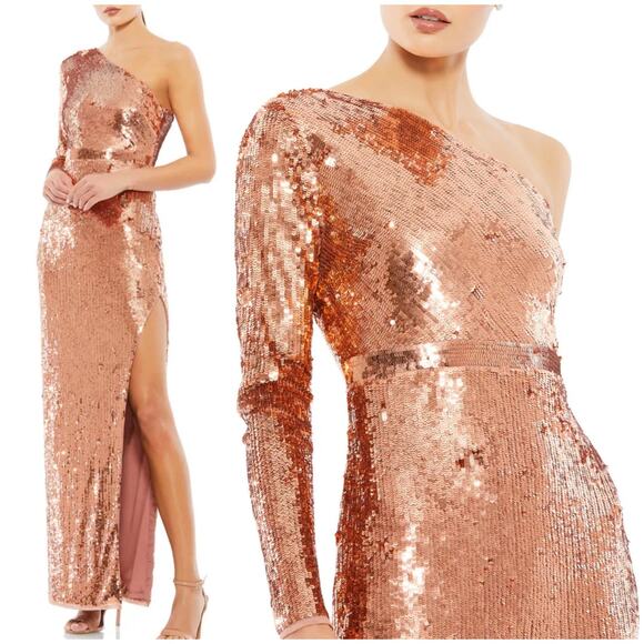 Mac Duggal NWT One Sleeve Fully Sequined High Slit Maxi Dress Copper Size 6 - Picture 1 of 10